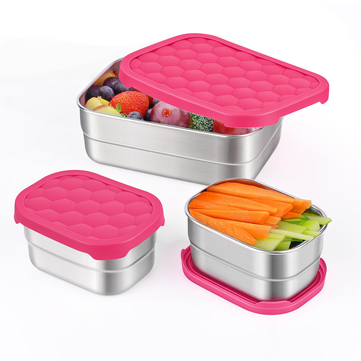 Tanjiae 3 CUP+1 CUP Stainless Steel Lunch Snack Containers Set | Leak Proof 304 Stainless Steel Food Containers with Silicone Lids - Perfect Metal Lunch Box for School and Daycare (25oz+8oz*2)