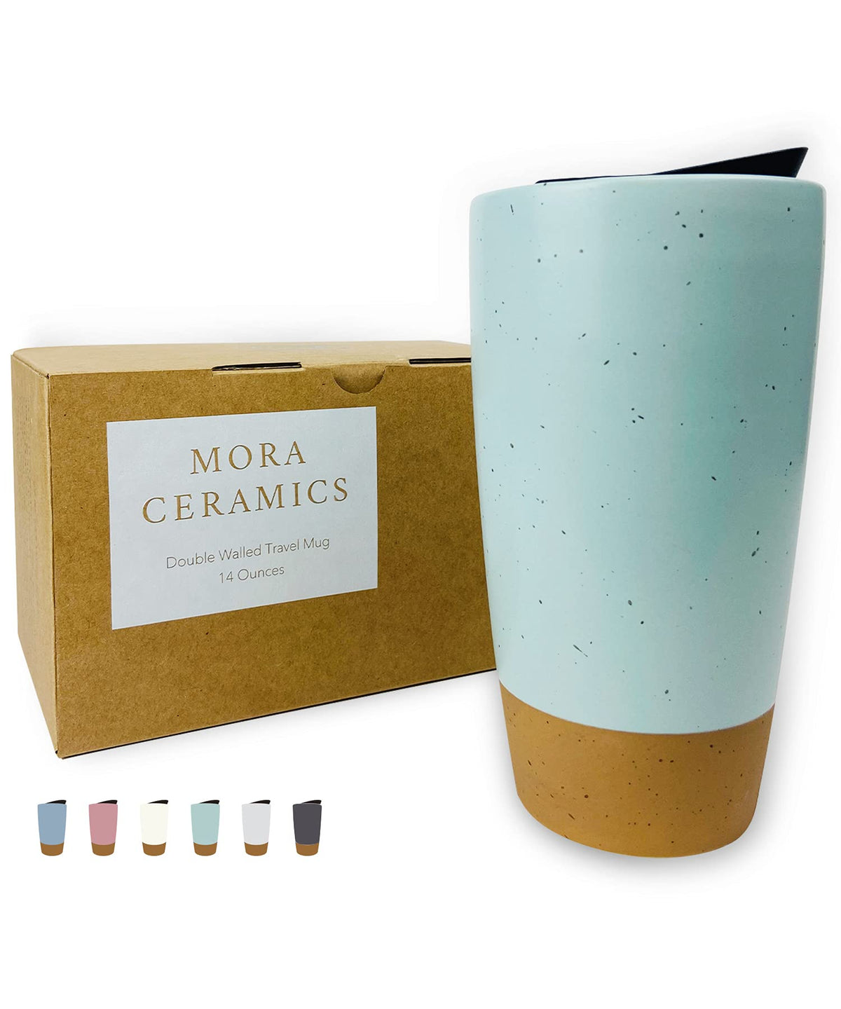 Mora Double Wall Ceramic Coffee Travel Mug with Lid, 14 oz, Portable, Microwave, Dishwasher Safe, Insulated Reusable Tall Cup, Splash Resistant Lid - To Go Tumbler for Car Cup Holder, Cotton White