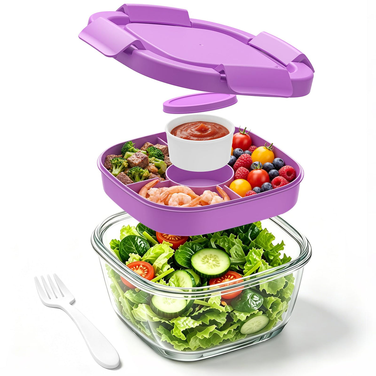 Glass Salad Container,56oz Salad Bowl To Go for Lunch with Airtight Lid,Leak-Proof Sauce Container,4-Compartment Bento Tray & Reusable Fork - BPA-Free Glass Lunch Box for Meal Prep,Office(Green)