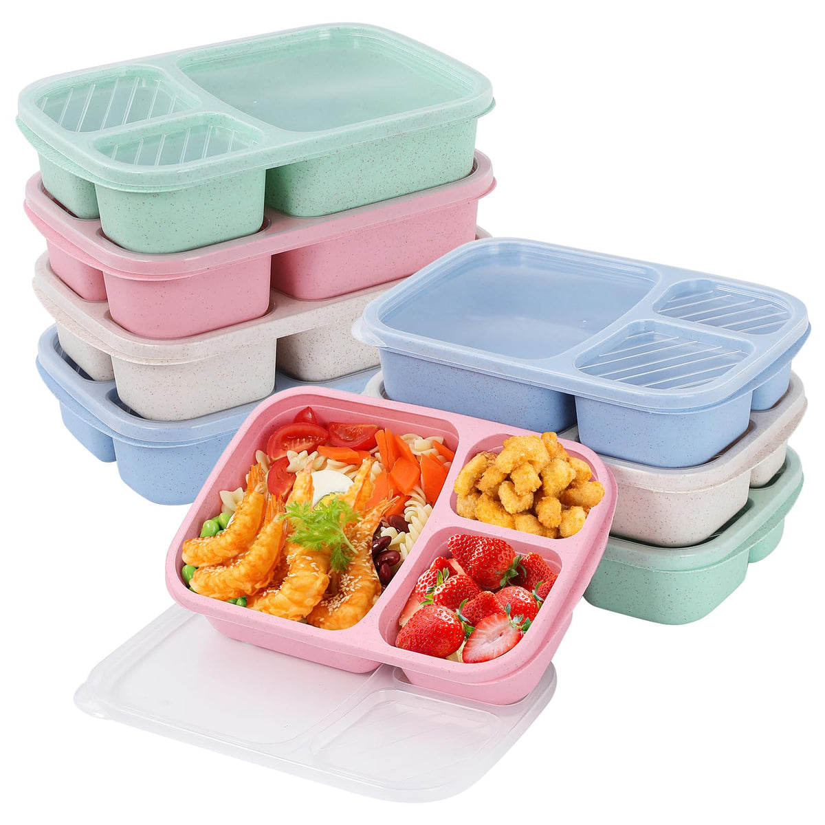 buluker 4 Pack Bento Lunch Box Set 3 Compartment Food Storage Containers Wheat Straw Meal Prep Lunch Box Plastic Food Storage Containers, Microwave and Dishwasher Safe (Vivid Colors)