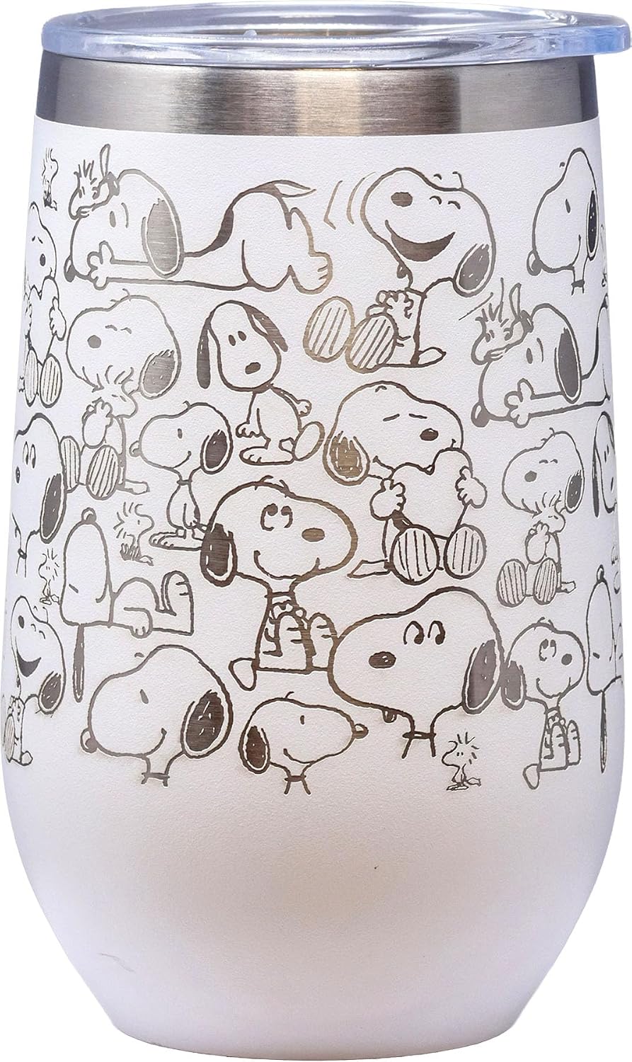 Spoontiques Snoopy Etched Stainless Steel Tumbler - Insulated Wine Tumbler with Lid - Double Wall Stainless Steel Stemless Wine Glass - 16oz - 5 5/8" Tall