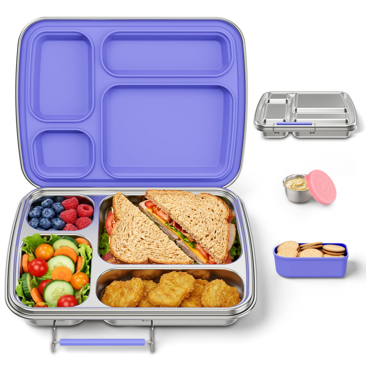 Stainless Steel Bento Box for Kids, Kids Lunch Box with 4-Compartment, Metal Lunch Box with Silicone Container & Sauce Cup, Durable Lunch Box Containers for School and Office (Pink)