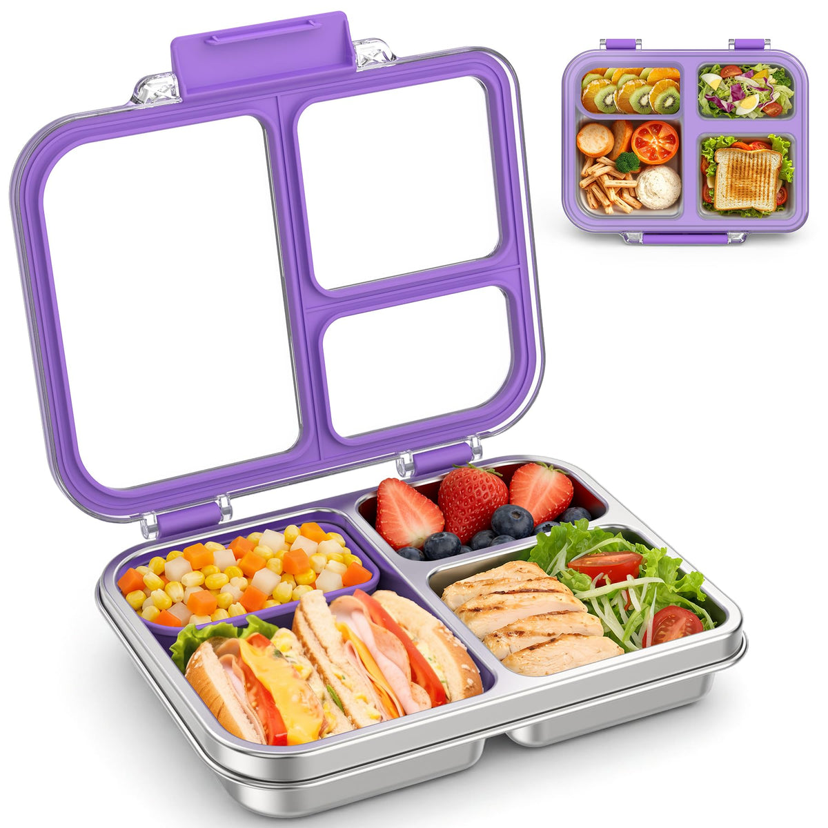 BABHAMNESS Stainless Steel Bento Lunch Box for Kids Adults, 3 Compartments Metal Bento Box with Transparent Lid & Silicone Container for Kids,Dishwasher-Safe,School & Travel,BPA-Free(Grey)
