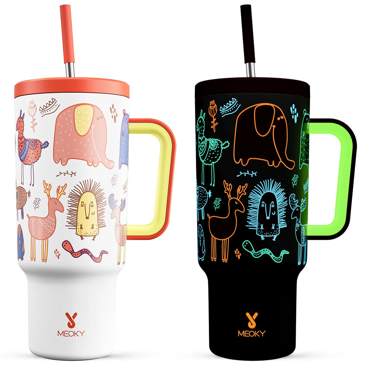 Meoky 40oz Tumbler with Handle, Leak-proof Lid and Straw, Insulated Coffee Mug Stainless Steel Travel Mug, Keeps Cold for 34 Hours or Hot for 10 Hours (Night)