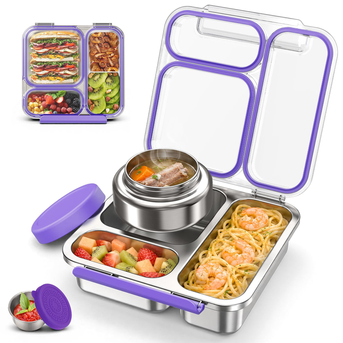 Stainless Steel Bento Box Kids Adult with 7oz Soup Thermo, Transparent Lid 3 Compartments Metal Bento Lunch Box with Insulated Food Jar,Lunch Box Container Sauce Cup for School,BPA-Free(Purple)