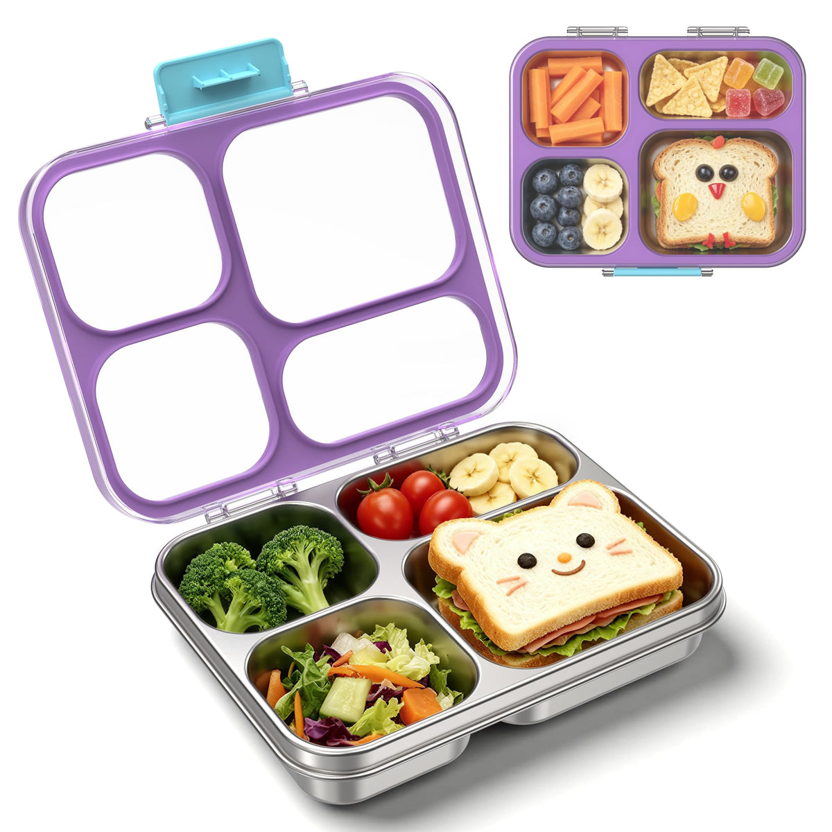 Stainless Steel Lunch Box for Kids, Leakproof 4 Compartment Kids Bento Lunch Box with Clear Lid, BPA-Free Steel Lunch Box Containers for School Travel (Pink)