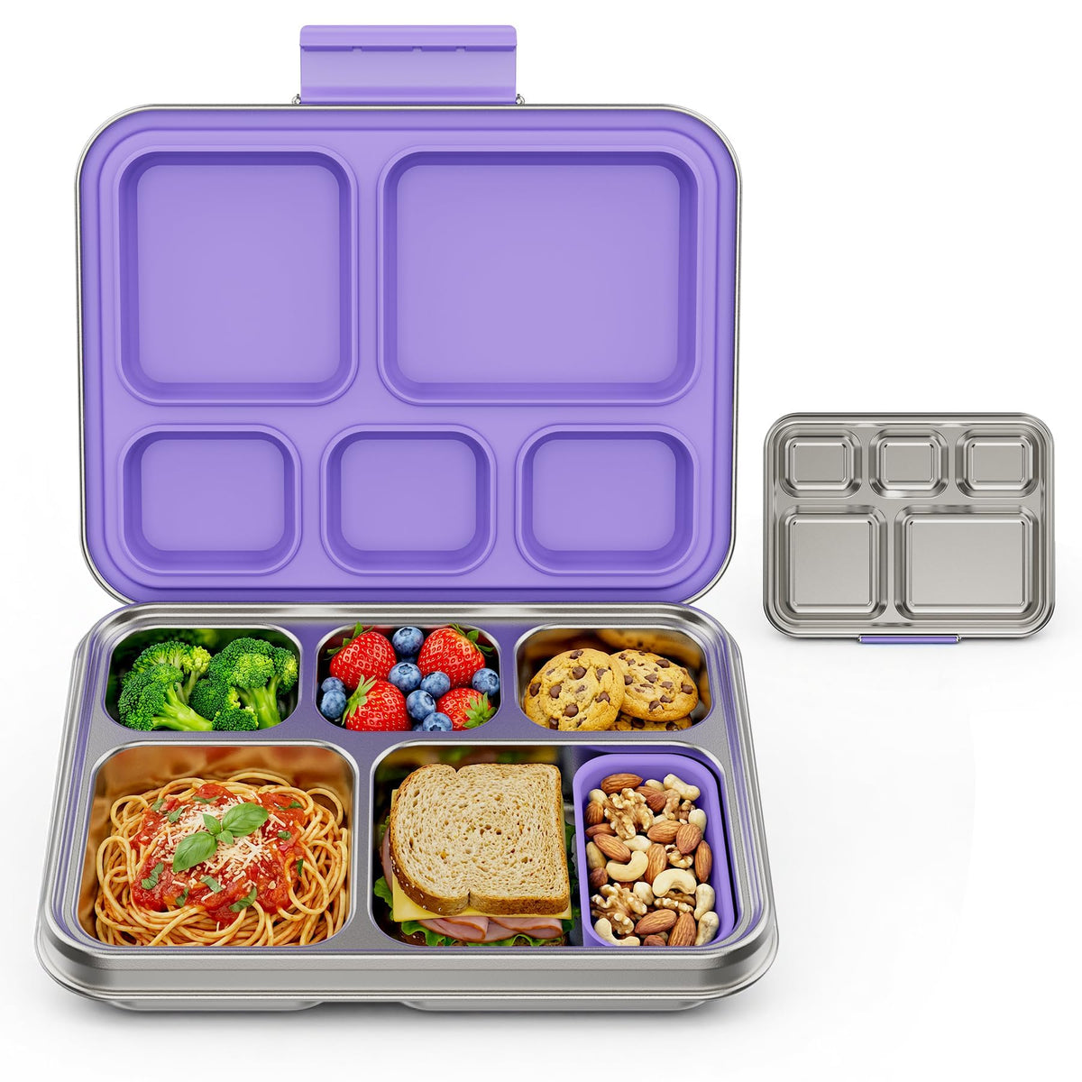 Pawtong Stainless Steel Lunch Box, 5-Compartment Bento Lunch Box for Kids & Adults,Metal Lunch Box with Removable Silicone Container, Lunch Box Containers for School,Office(Green)