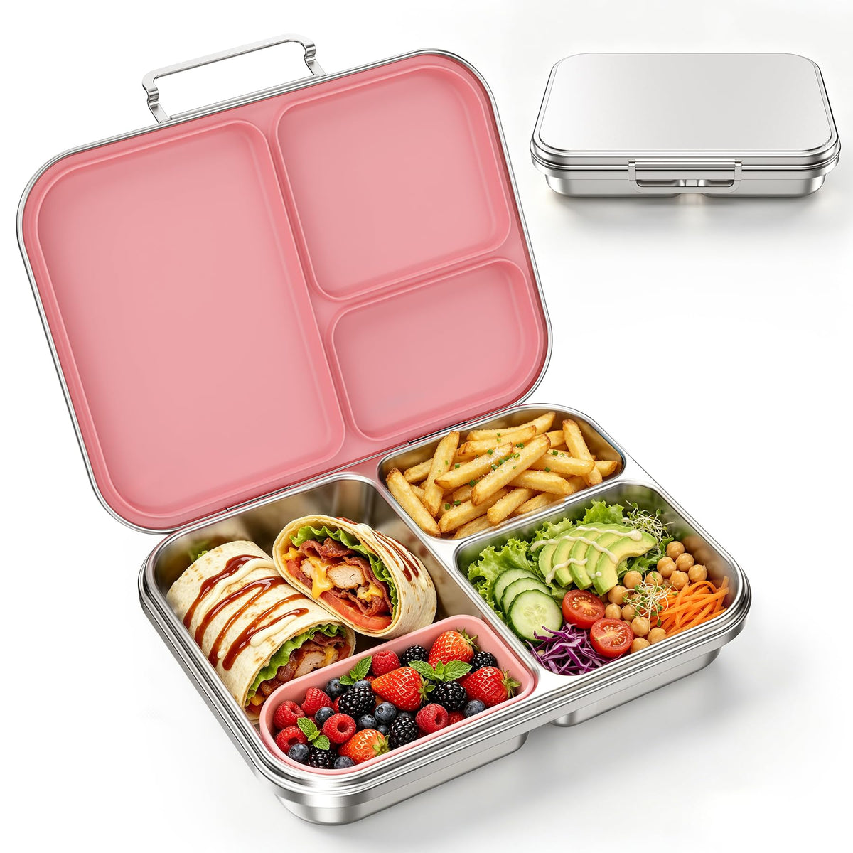 Stainless Steel Bento Lunch Box for Kids and Adults,3 Compartment Meal Lunch Box with Detachable Silicone Lid,Leak-Resistant Food Container with Snack Cup for School,BPA-Free(Grey)