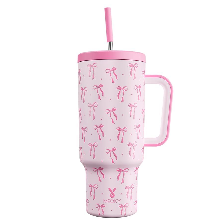 Meoky 40oz Tumbler with Handle, Leak-proof Lid and Straw, Insulated Coffee Mug Stainless Steel Travel Mug, Keeps Cold for 34 Hours or Hot for 10 Hours (Night)