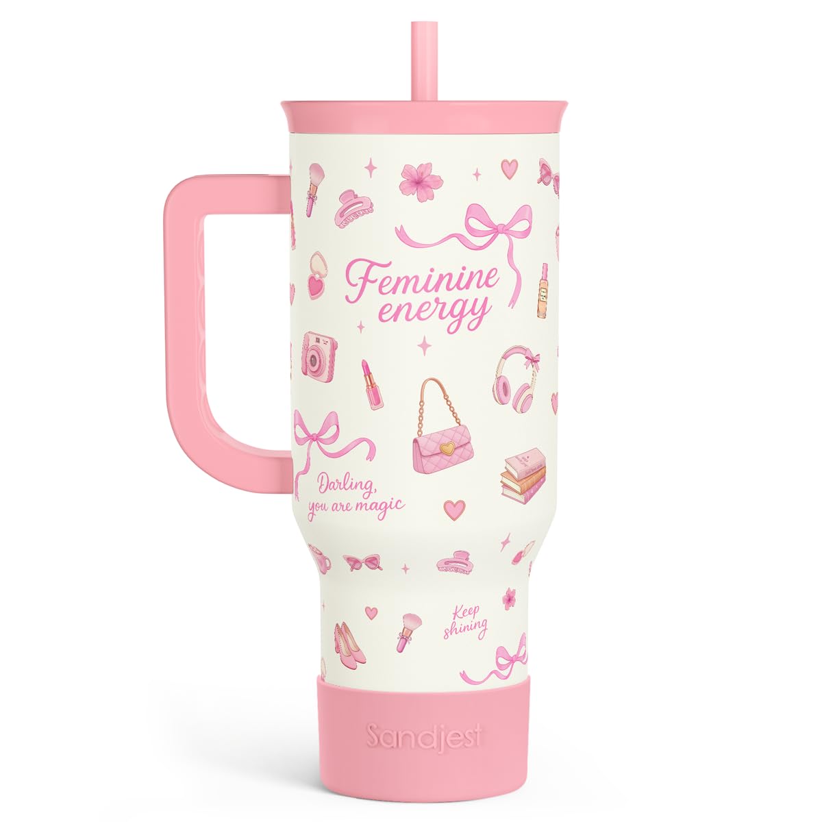SANDJEST Bow Tumbler with Handle 40oz, Stainless Steel Insulated Tumblers Coffee Travel Cup with Slider Straw Lid, Gifts for Women Teen Girls Birthday