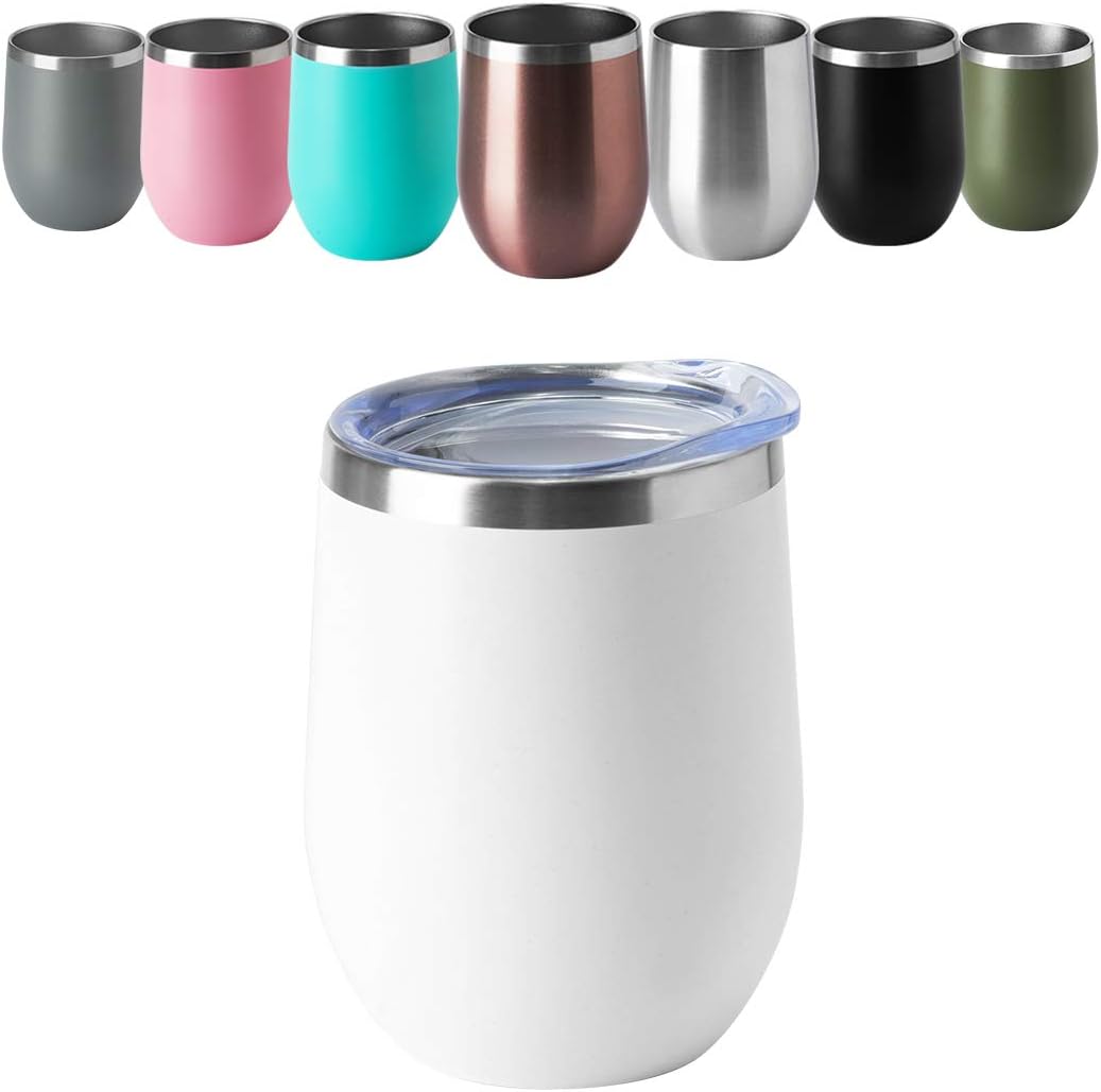 HASLE OUTFITTERS 12oz Wine Tumbler with Lid Stemless Wine Glasses Double Wall Vacuum Travel Mugs stainless steel Coffee Cup for Cold & Hot Drinks Wine Coffee Cocktails Beer 12 Pack White