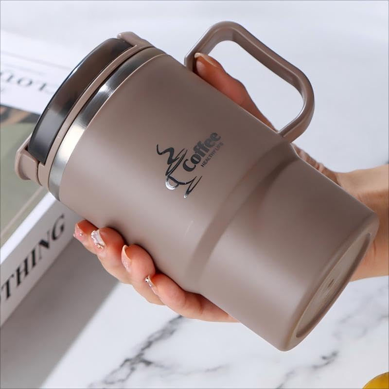 550ml/19.3oz Stainless Steel Coffee Mug with Lid & Spoon - Double-Wall Vacuum Insulation Leakproof Travel Cup, Reusable Thermal Mug for Hot/Cold Drinks (Brown)
