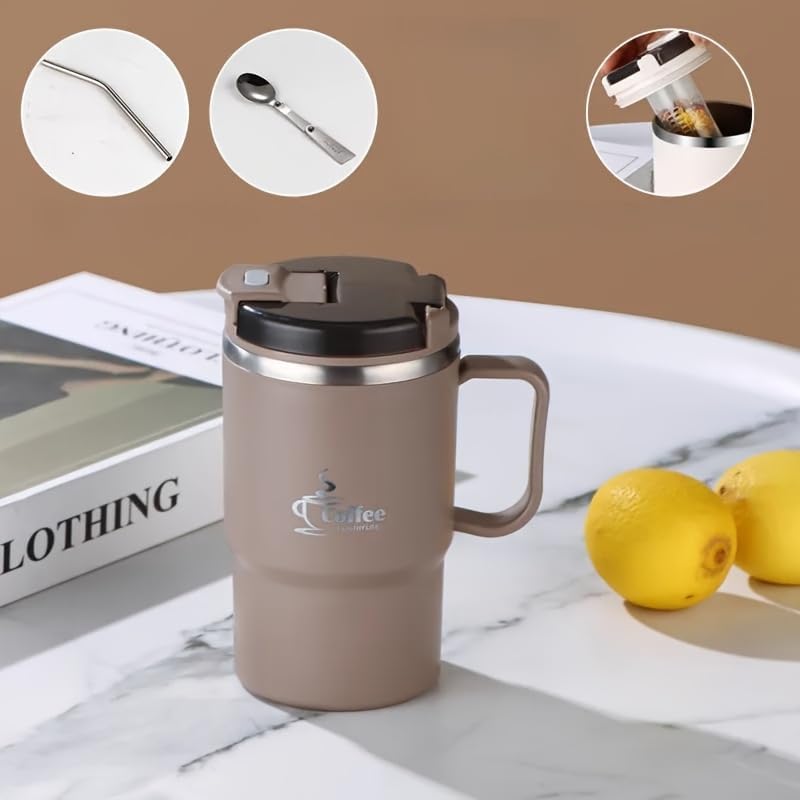550ml/19.3oz Stainless Steel Coffee Mug with Lid & Spoon - Double-Wall Vacuum Insulation Leakproof Travel Cup, Reusable Thermal Mug for Hot/Cold Drinks (Brown)