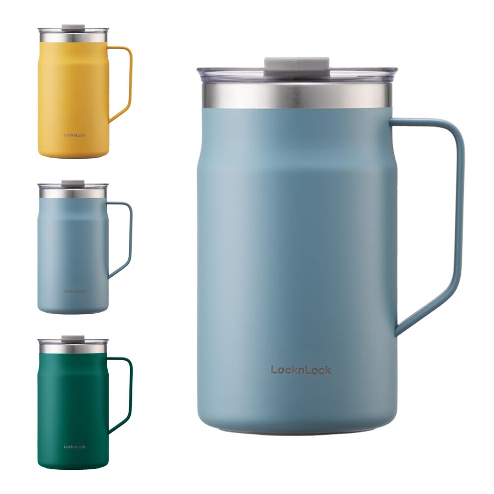 LocknLock Metro Mug Premium 18/8 Stainless Steel Double Wall Insulated with Handle Perfect for table with Lid, Yellow, 20 oz