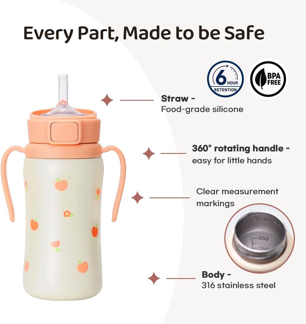 GROSMIMI Stainless Steel Baby Straw Cup, Spill-Proof, 12M+, 10oz (Bear)