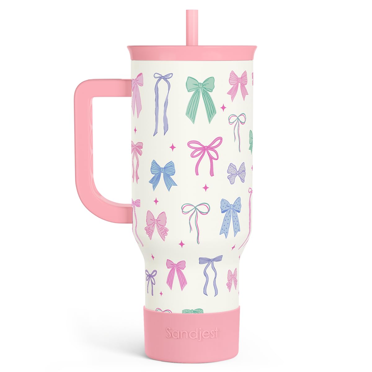 SANDJEST Bow Tumbler with Handle 40oz, Stainless Steel Insulated Tumblers Coffee Travel Cup with Slider Straw Lid, Gifts for Women Teen Girls Birthday