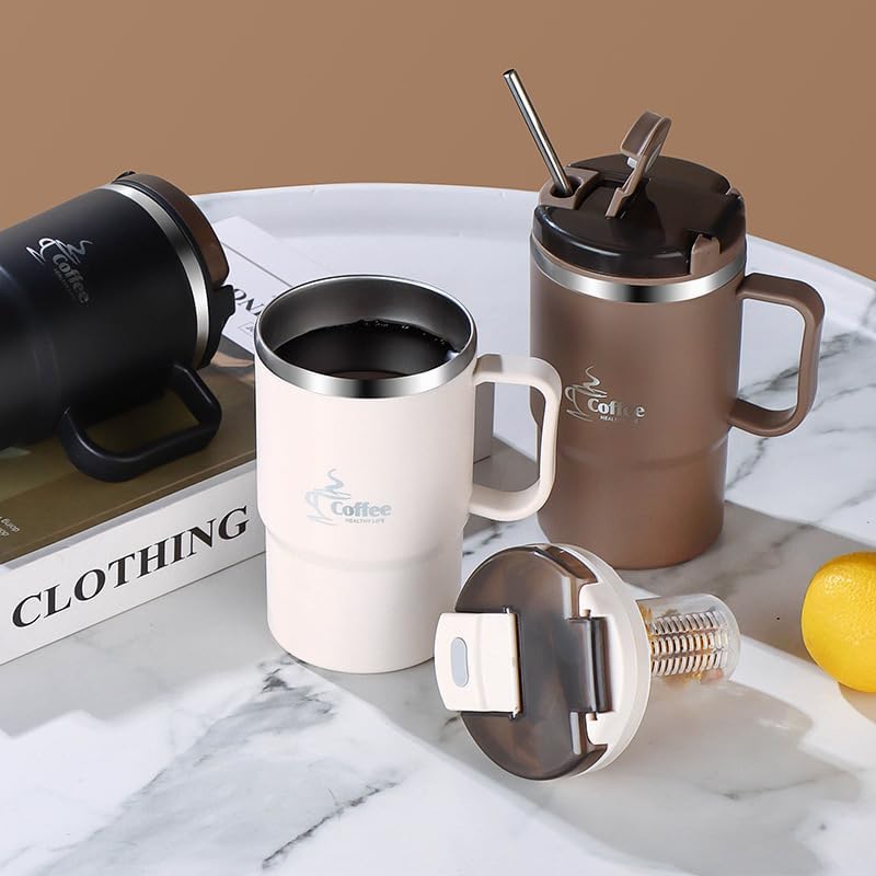 550ml/19.3oz Stainless Steel Coffee Mug with Lid & Spoon - Double-Wall Vacuum Insulation Leakproof Travel Cup, Reusable Thermal Mug for Hot/Cold Drinks (Brown)