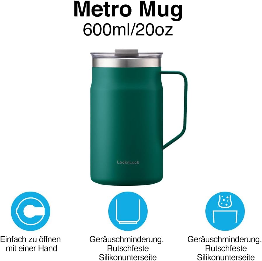 LocknLock Metro Mug Premium 18/8 Stainless Steel Double Wall Insulated with Handle Perfect for table with Lid, Yellow, 20 oz