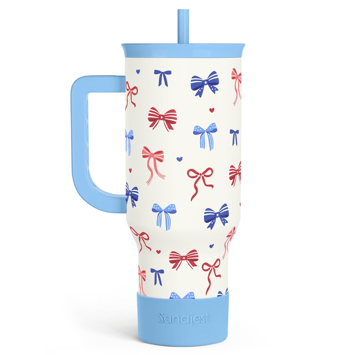 SANDJEST Bow Tumbler with Handle 40oz, Stainless Steel Insulated Tumblers Coffee Travel Cup with Slider Straw Lid, Gifts for Women Teen Girls Birthday
