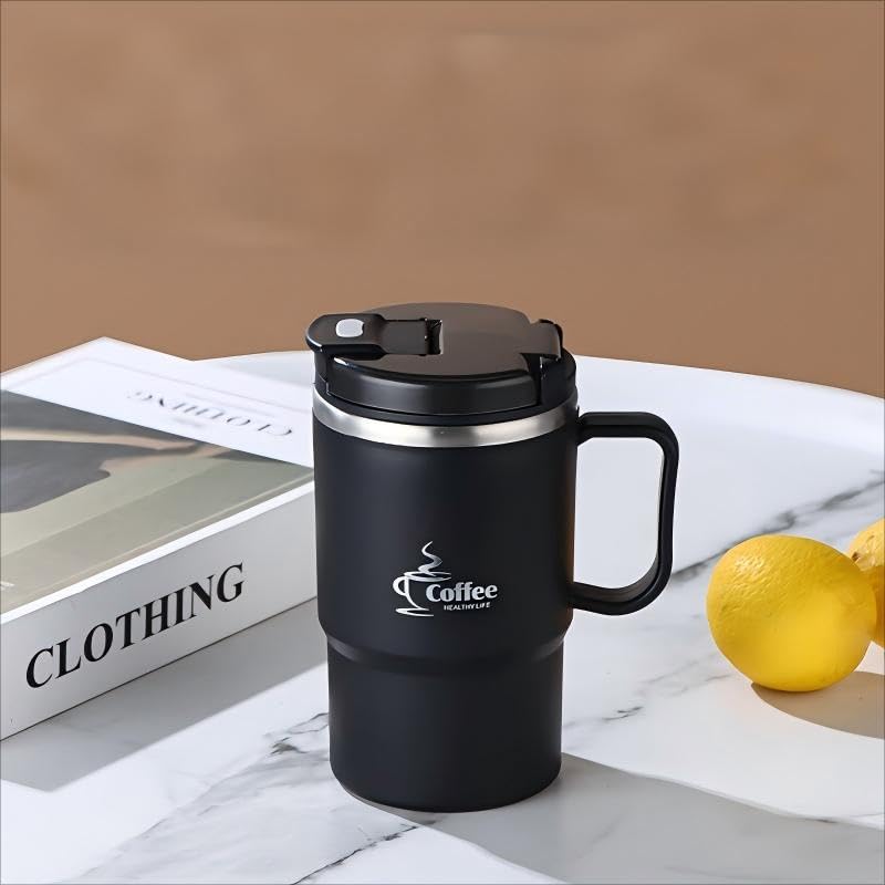 550ml/19.3oz Stainless Steel Coffee Mug with Lid & Spoon - Double-Wall Vacuum Insulation Leakproof Travel Cup, Reusable Thermal Mug for Hot/Cold Drinks (Brown)