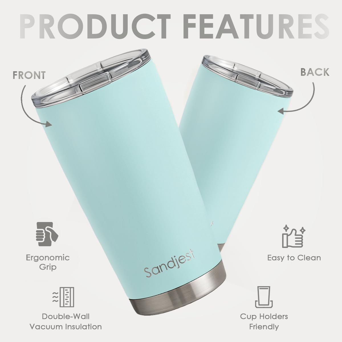 SANDJEST Stainless Steel Tumbler 20 oz, Double Wall Vacuum Insulated Mug with Lid, Travel Coffee Cup for Women Girls Friends Sisters, Birthday Christmas (Pale Turquoise)