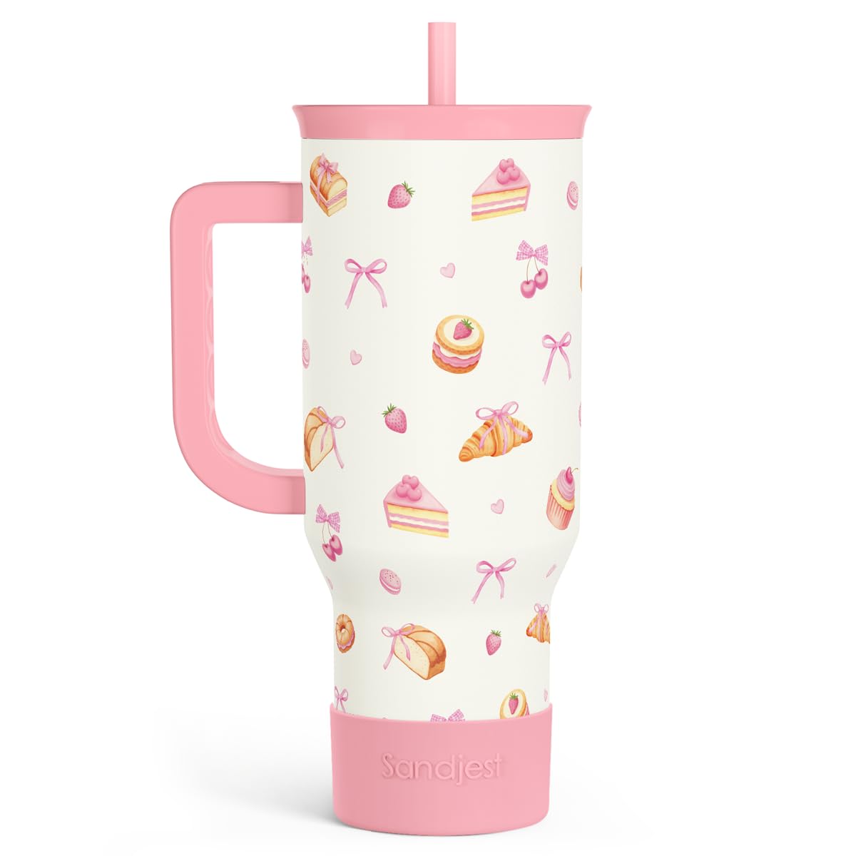SANDJEST Bow Tumbler with Handle 40oz, Stainless Steel Insulated Tumblers Coffee Travel Cup with Slider Straw Lid, Gifts for Women Teen Girls Birthday