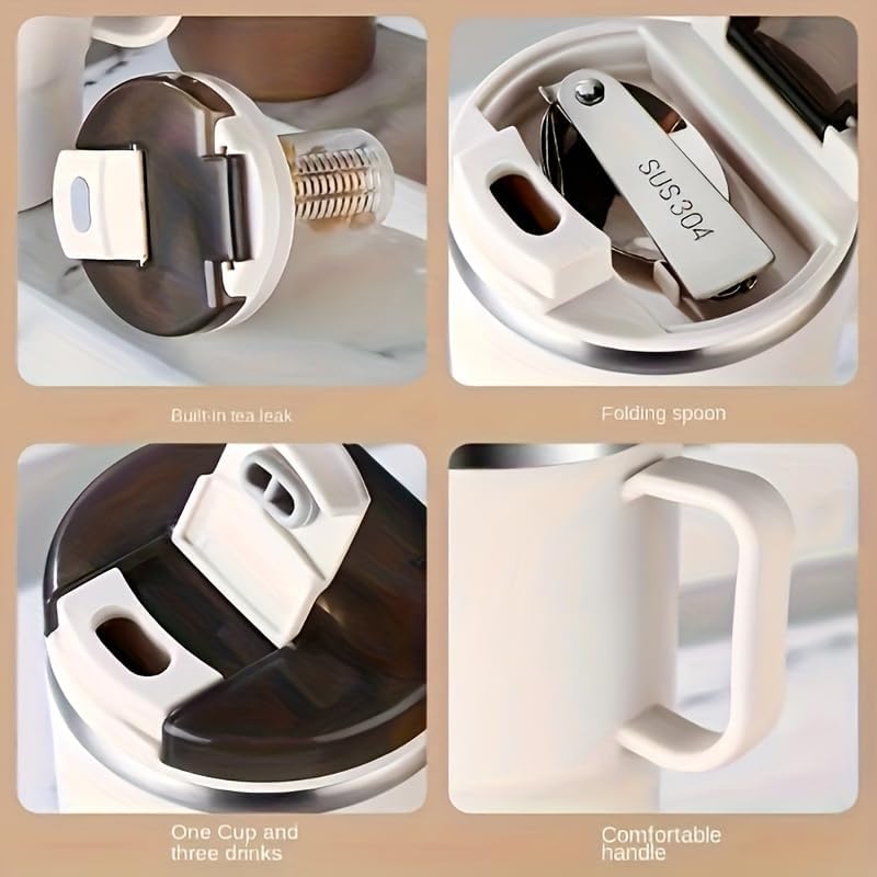 550ml/19.3oz Stainless Steel Coffee Mug with Lid & Spoon - Double-Wall Vacuum Insulation Leakproof Travel Cup, Reusable Thermal Mug for Hot/Cold Drinks (Brown)