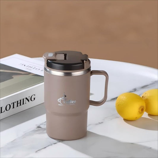 550ml/19.3oz Stainless Steel Coffee Mug with Lid & Spoon - Double-Wall Vacuum Insulation Leakproof Travel Cup, Reusable Thermal Mug for Hot/Cold Drinks (Brown)