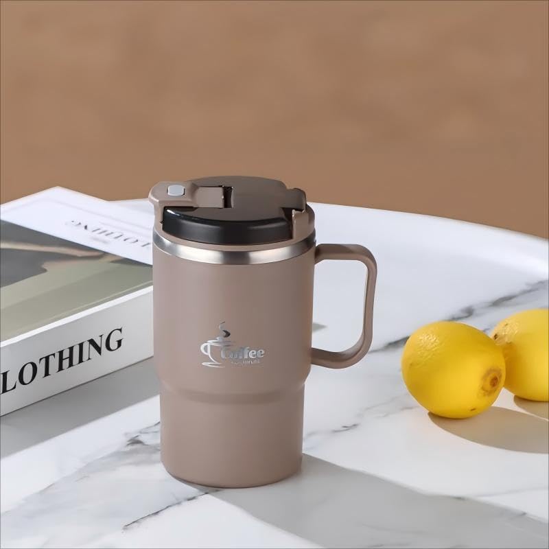550ml/19.3oz Stainless Steel Coffee Mug with Lid & Spoon - Double-Wall Vacuum Insulation Leakproof Travel Cup, Reusable Thermal Mug for Hot/Cold Drinks (Brown)