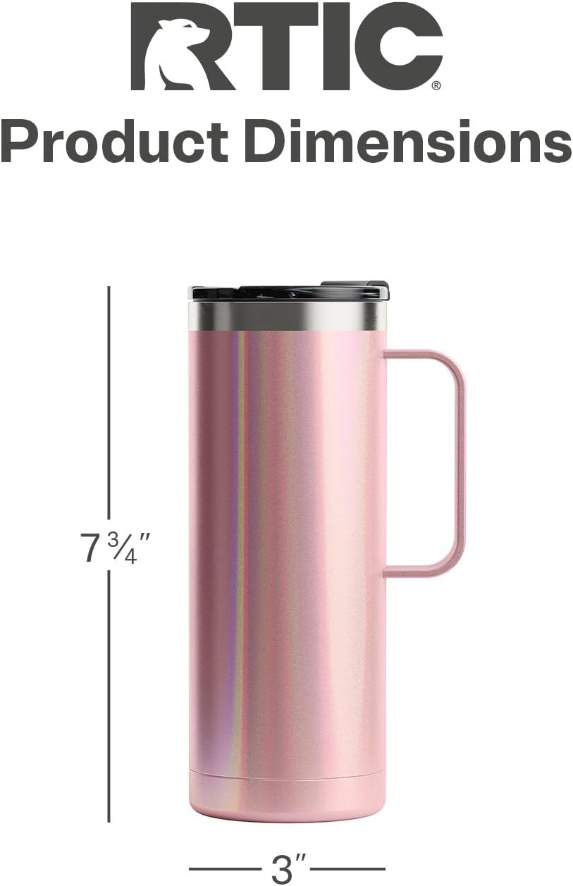 RTIC 20oz Travel Mug, Stainless Steel Insulated Coffee Cup with Lid and Handle, Portable for Car, Camping, Hot and Cold Drink, Dusty Rose Glitter