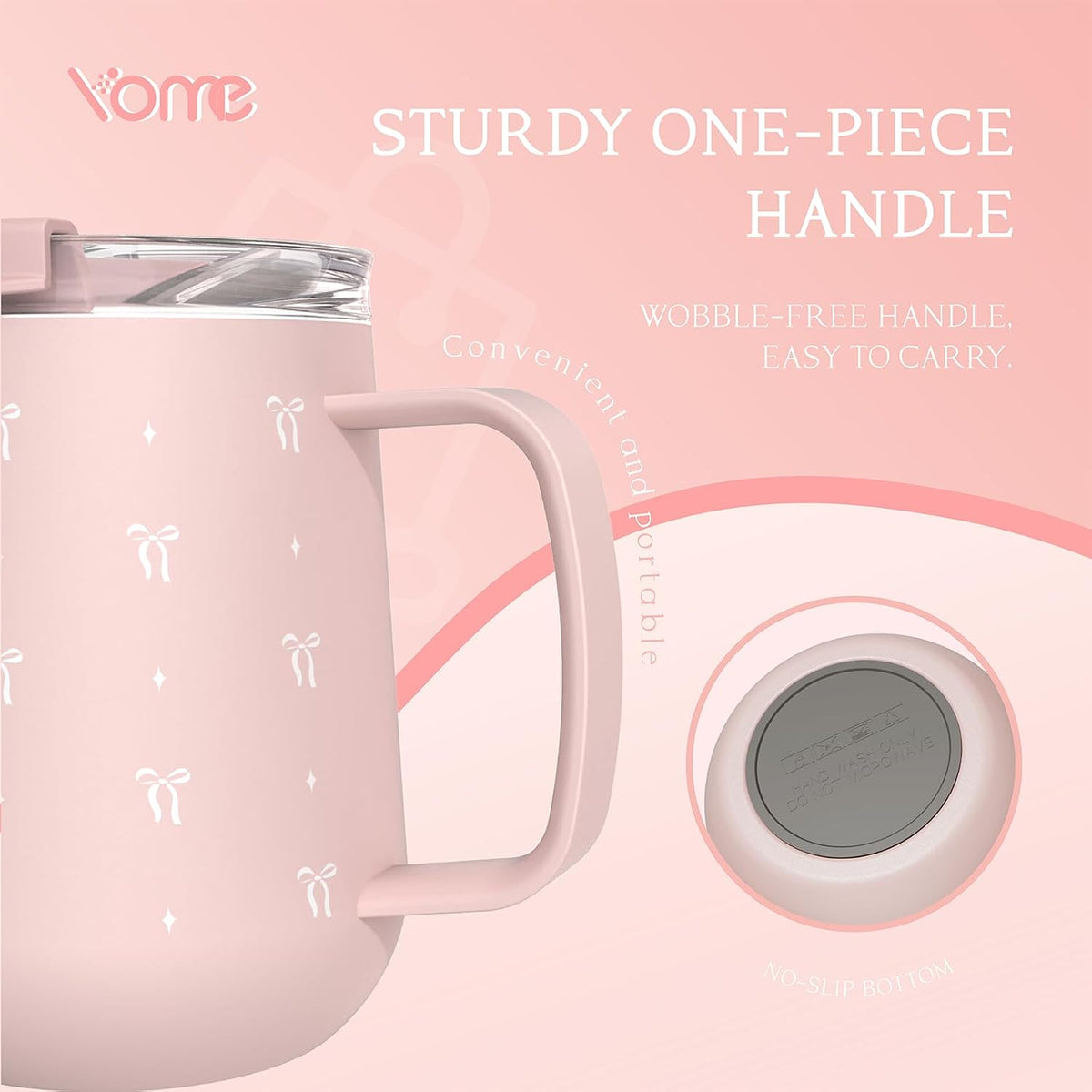 YOME 10oz Bow Light Pink Insulated Coffee Mug with Handle for Women | Ceramic Lined Coffee Mug with Splash-Resistant Lid| Pure Taste Stainless Steel Coffee Cup | Easy to Clean | Keeps Drinks Cold