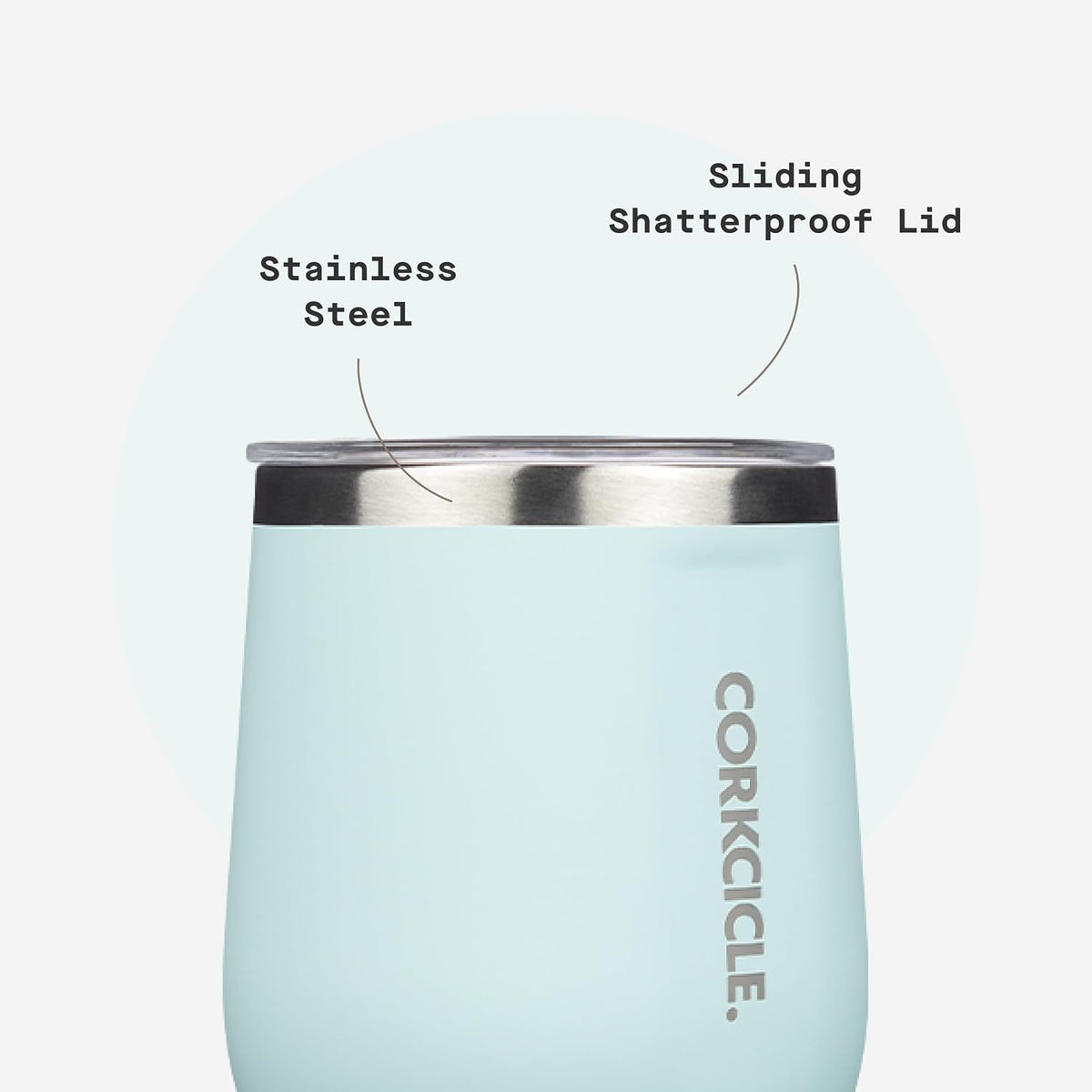 Corkcicle Stemless Wine Tumbler with Lid, 12 oz, Gloss Powder Blue