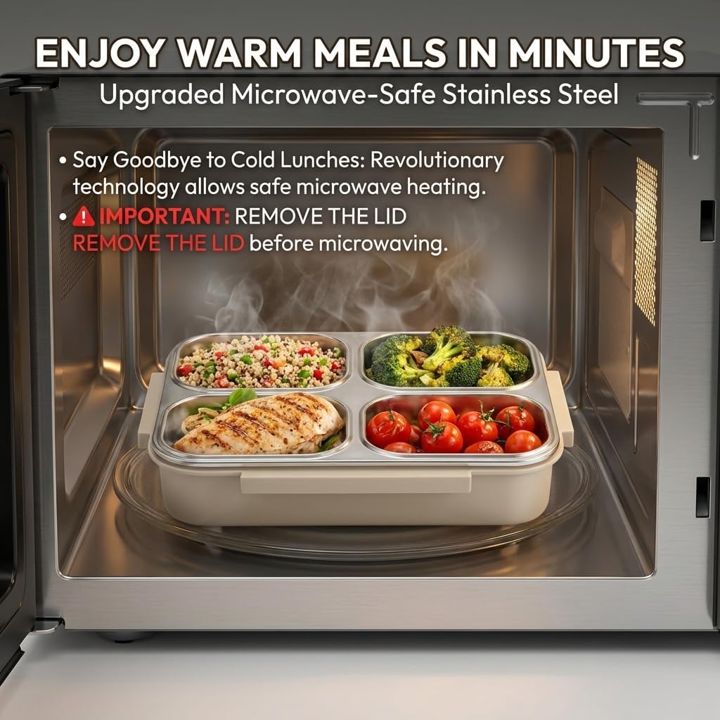 Bento Box Adult Lunch Box - Microwave Safe Stainless Steel Meal Prep Containers, 1200ML Large Capacity 4-Compartment Leak Proof Food Container with Handle & Utensils for Work, Office [Green]