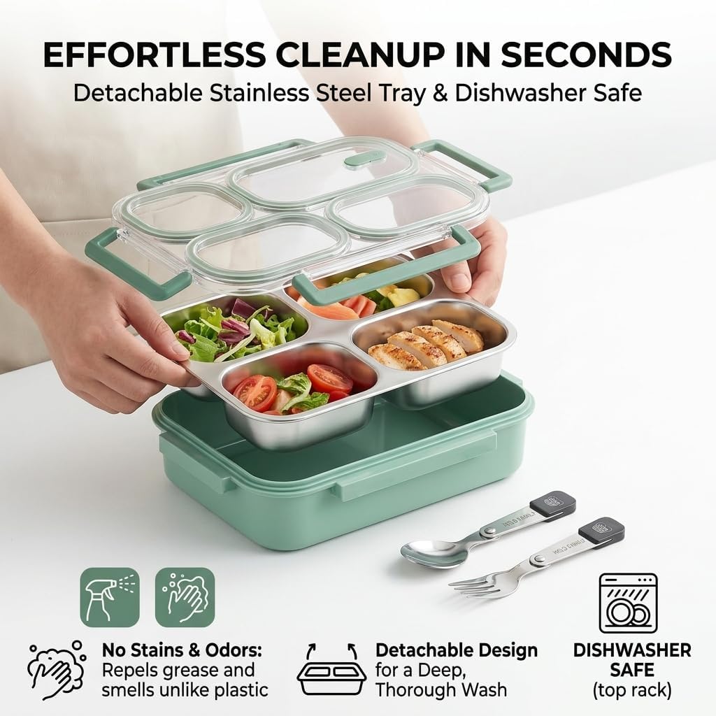 Bento Box Adult Lunch Box - Microwave Safe Stainless Steel Meal Prep Containers, 1200ML Large Capacity 4-Compartment Leak Proof Food Container with Handle & Utensils for Work, Office [Green]