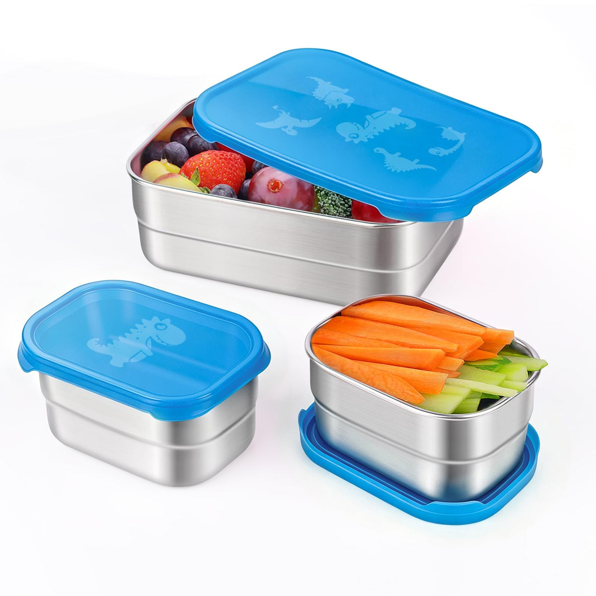 Tanjiae 3 CUP+1 CUP Stainless Steel Lunch Snack Containers Set | Leak Proof 304 Stainless Steel Food Containers with Silicone Lids - Perfect Metal Lunch Box for School and Daycare (25oz+8oz*2)