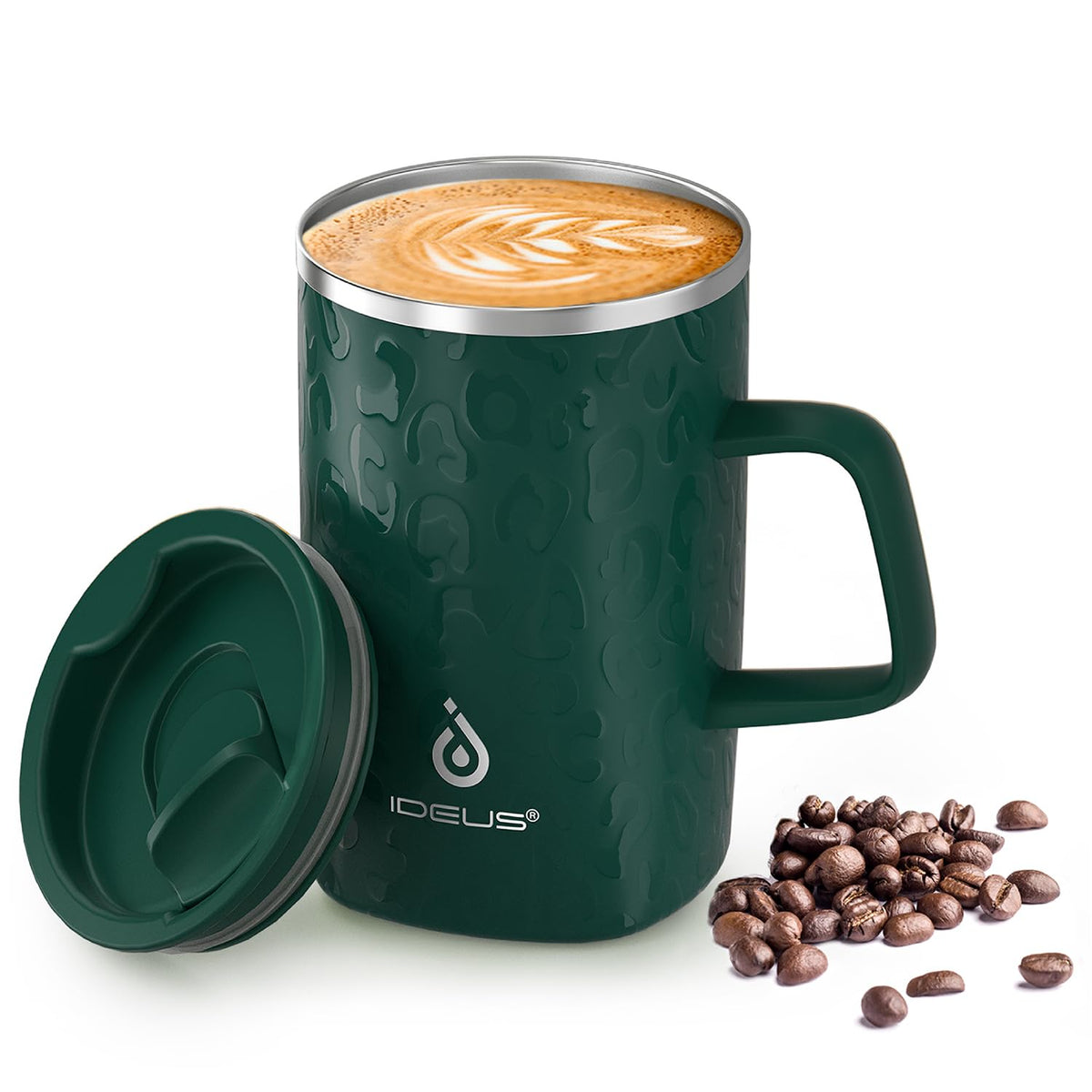 Ideus 16 oz Insulated Coffee Mug with Lid and Handle, Leopard Pink