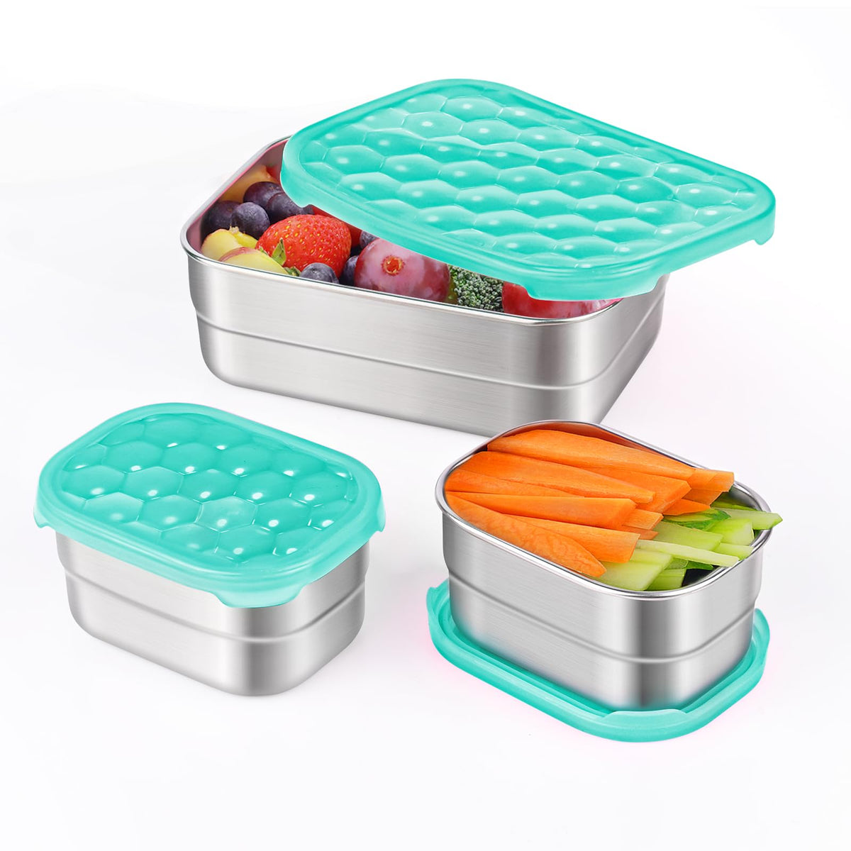 Tanjiae 3 CUP+1 CUP Stainless Steel Lunch Snack Containers Set | Leak Proof 304 Stainless Steel Food Containers with Silicone Lids - Perfect Metal Lunch Box for School and Daycare (25oz+8oz*2)