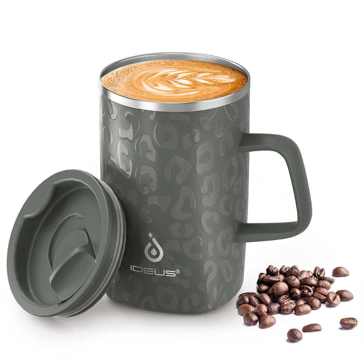 Ideus 16 oz Insulated Coffee Mug with Lid and Handle, Leopard Pink