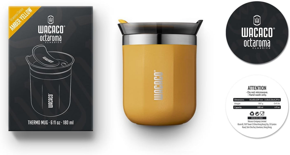 WACACO Octaroma Classico Travel Coffee Mug, Double-wall Stainless Steel Travel Tumbler With Drinking Lid, 6 fl oz (180ml), Amber Yellow
