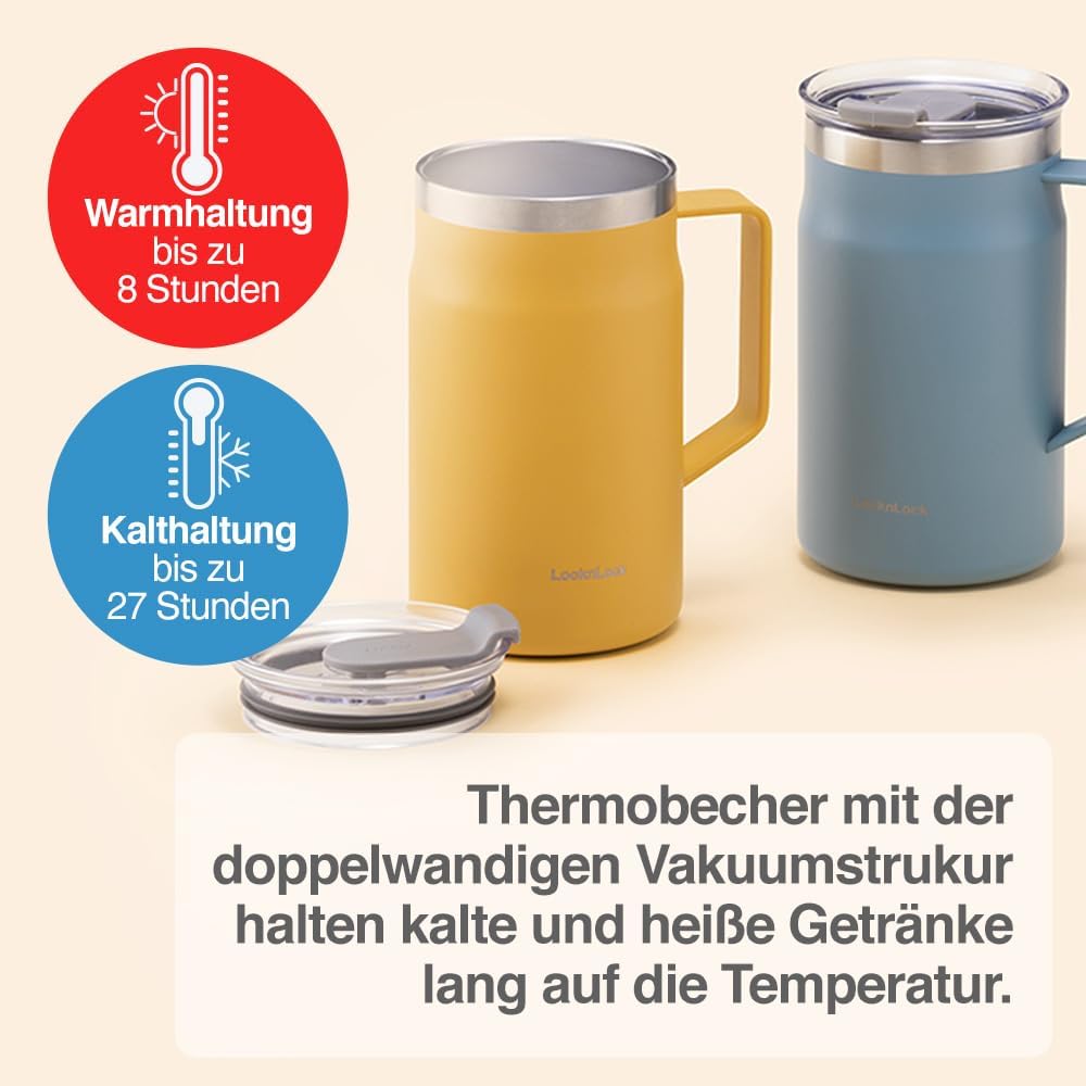 LocknLock Metro Mug Premium 18/8 Stainless Steel Double Wall Insulated with Handle Perfect for table with Lid, Yellow, 20 oz