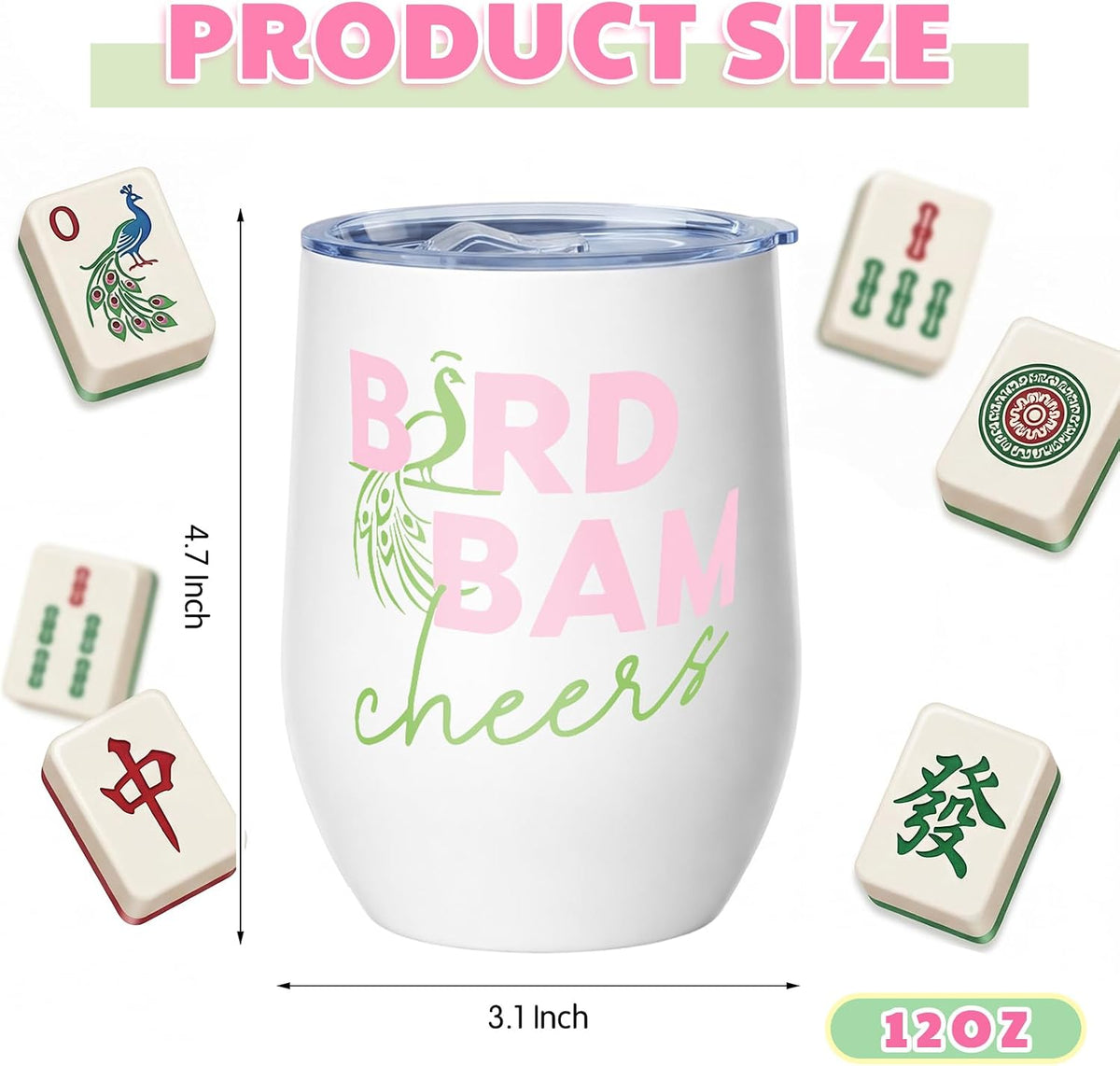 Patelai 4 PC Mahjong Cup Gift Tumbler with Lid Straw, 12 oz, Cute Mahjong