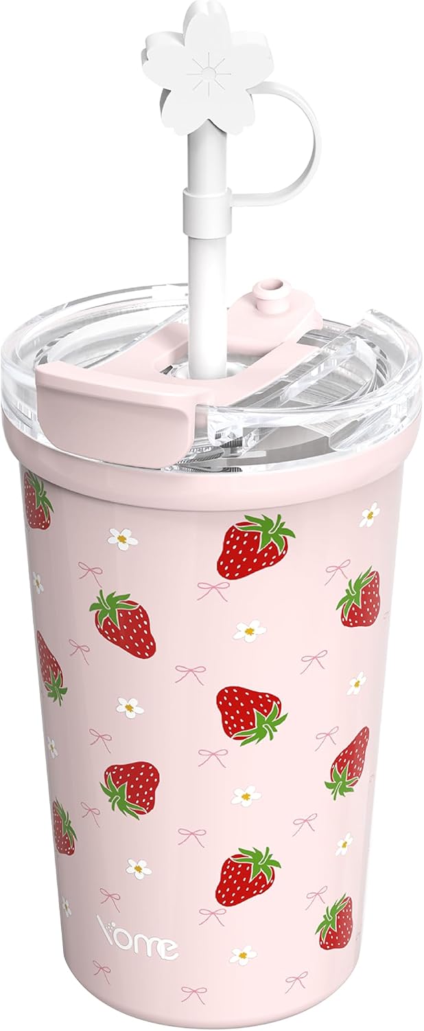 YOME 12oz Strawberry Pink Insulated Coffee Cup with Lid and Straw for Women | 2 in 1 Lid | Stainless Steel | Travel Coffee Cup| 100% Leak Proof | Keeps Drinks Cold&Hot | Gift Travel Gym Car
