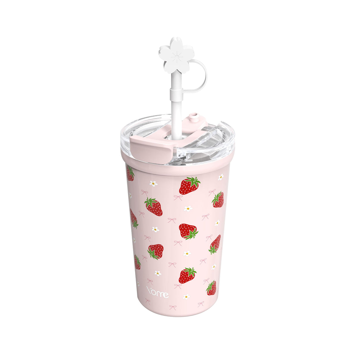 YOME 12oz Strawberry Pink Insulated Coffee Cup with Lid and Straw for Women | 2 in 1 Lid | Stainless Steel | Travel Coffee Cup| 100% Leak Proof | Keeps Drinks Cold&Hot | Gift Travel Gym Car