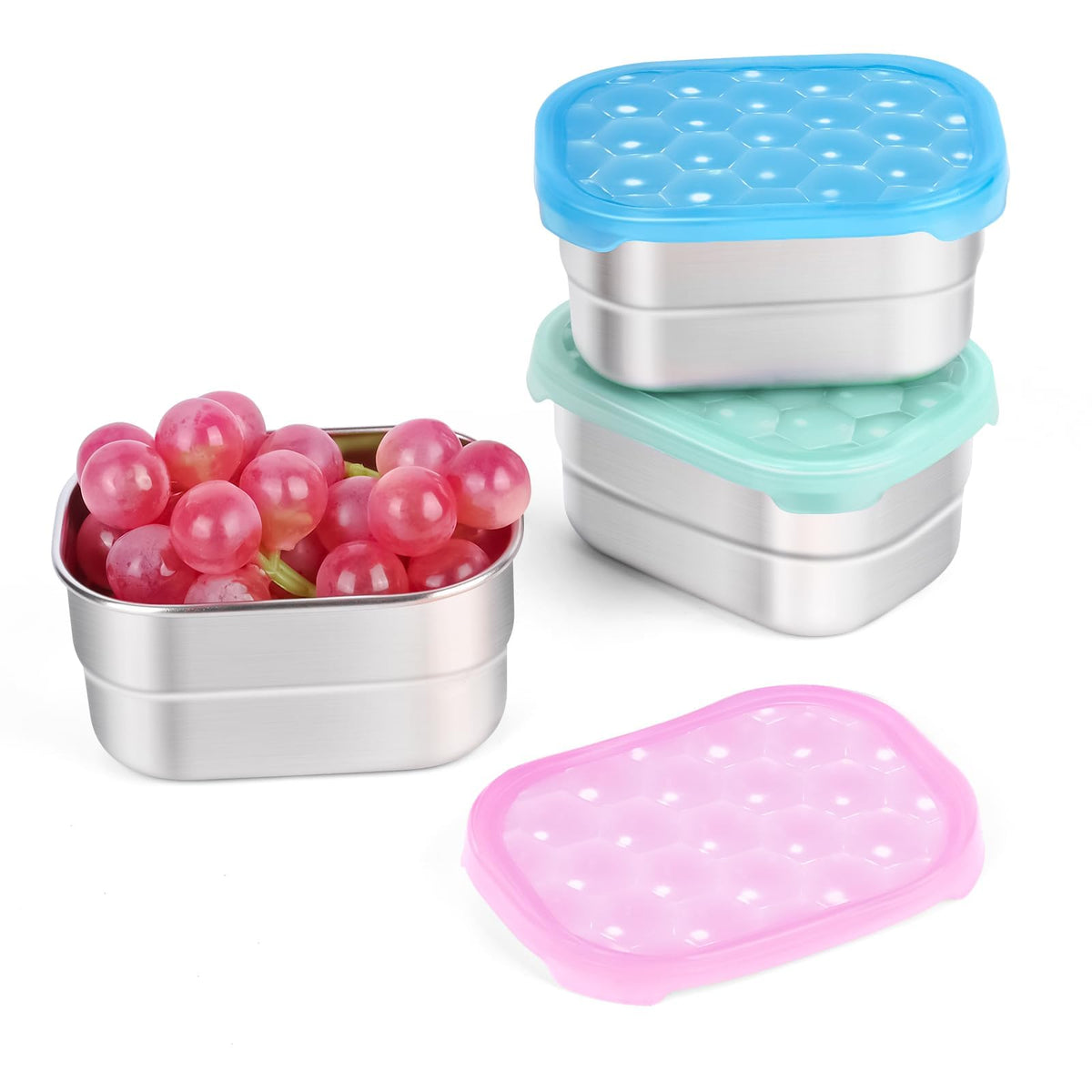 Tanjiae 3 CUP+1 CUP Stainless Steel Lunch Snack Containers Set | Leak Proof 304 Stainless Steel Food Containers with Silicone Lids - Perfect Metal Lunch Box for School and Daycare (25oz+8oz*2)