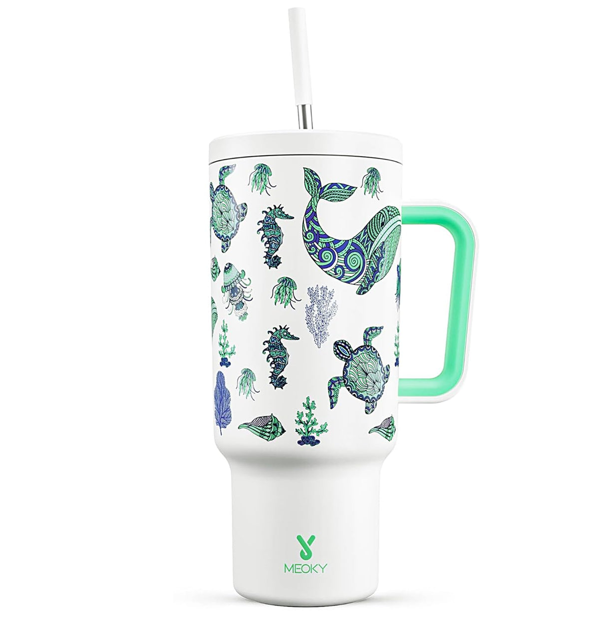 Meoky 40oz Tumbler with Handle, Leak-proof Lid and Straw, Insulated Coffee Mug Stainless Steel Travel Mug, Keeps Cold for 34 Hours or Hot for 10 Hours (Night)