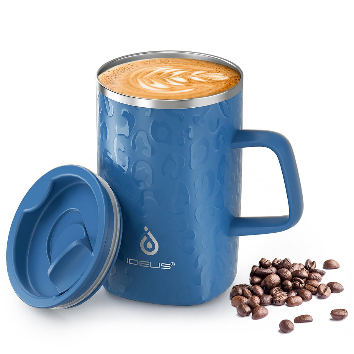 Ideus 16 oz Insulated Coffee Mug with Lid and Handle, Leopard Pink