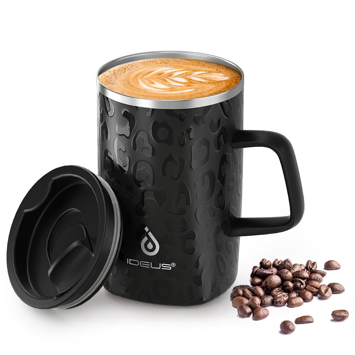 Ideus 16 oz Insulated Coffee Mug with Lid and Handle, Leopard Pink