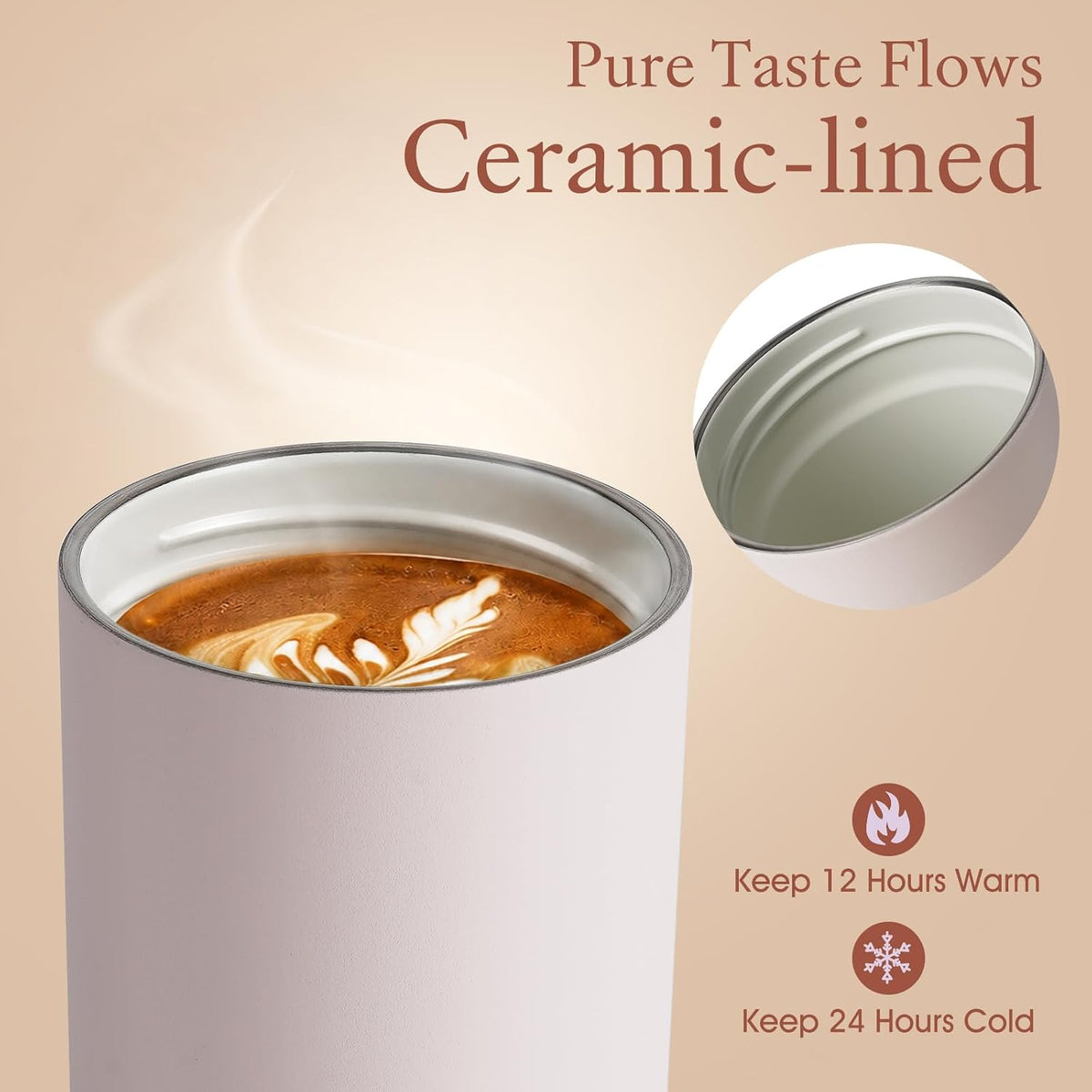 Ceramic Lined Travel Coffee Mug For Women, 15 oz Insulated Coffee Tumbler