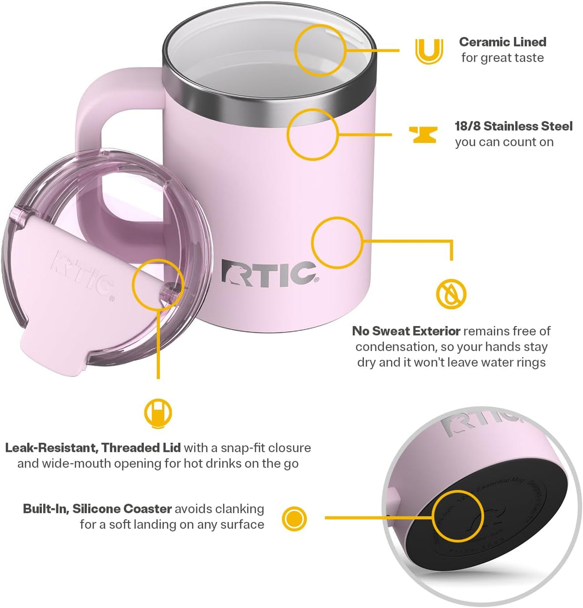 RTIC 12oz Essential Mug with Lid and Handle, Ceramic Lined, Pale Pink