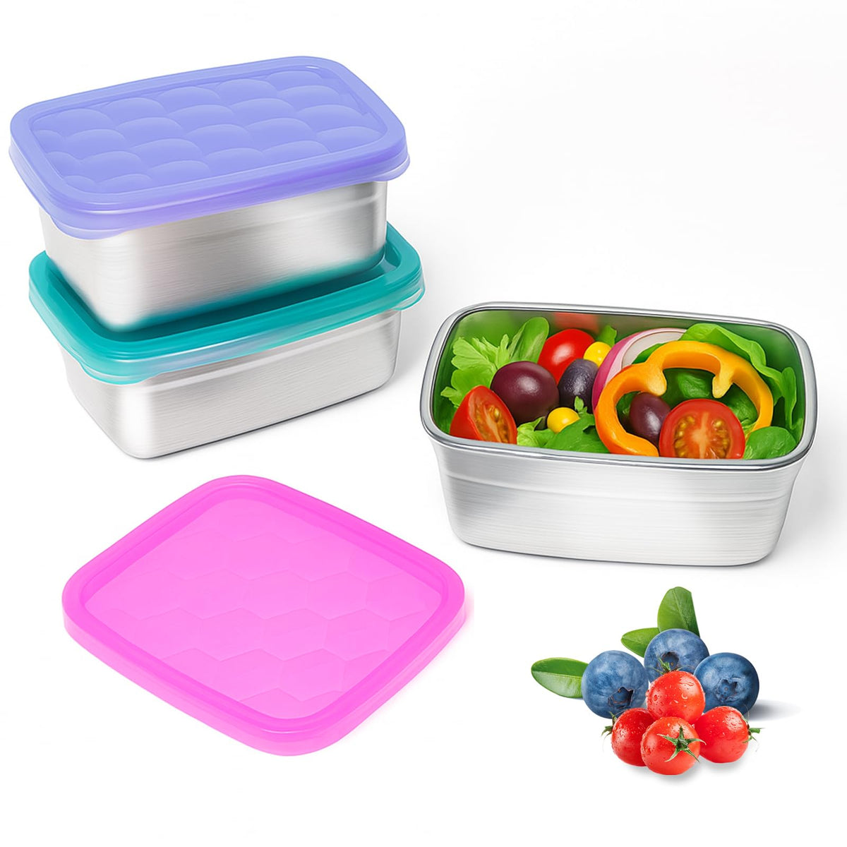 Tanjiae 3 CUP+1 CUP Stainless Steel Lunch Snack Containers Set | Leak Proof 304 Stainless Steel Food Containers with Silicone Lids - Perfect Metal Lunch Box for School and Daycare (25oz+8oz*2)